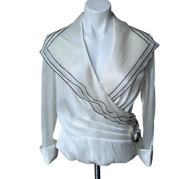 Cachet Tops - Rare 90s Cachet Shimmery White Faux Wrap Wide Lapel Sheer Sleeve Blouse